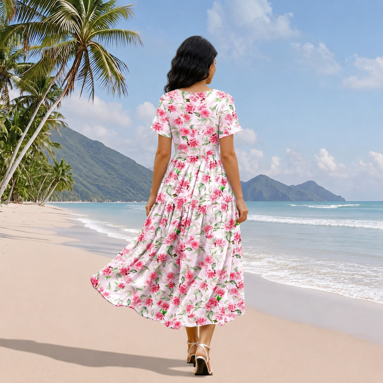 Floral V Style Boho Maxi Swing Dress with Pockets
