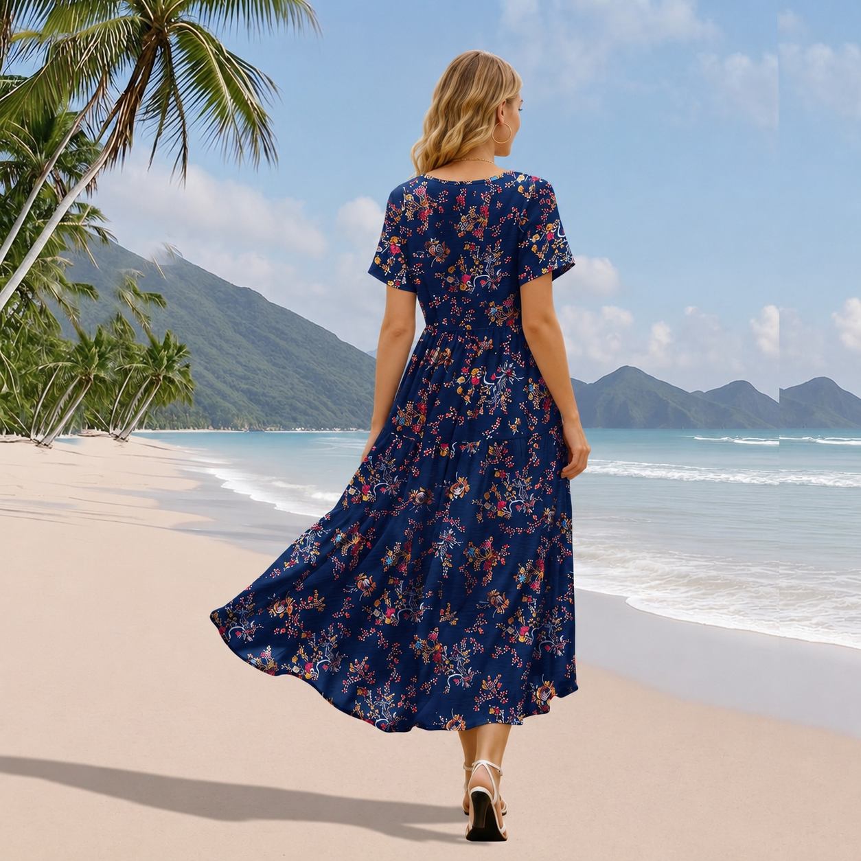 Floral V Style Boho Maxi Swing Dress with Pockets