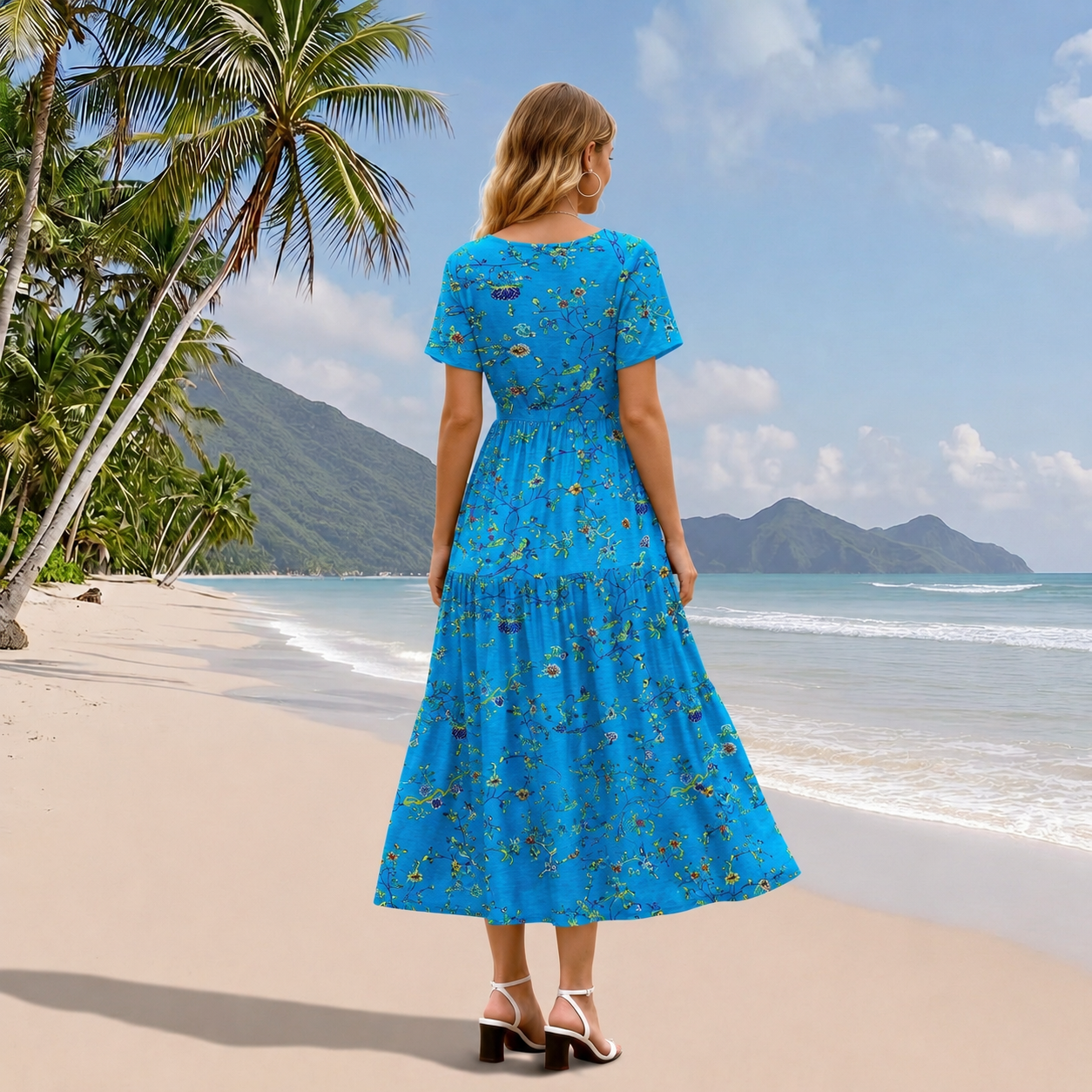 Floral V Style Boho Maxi Swing Dress with Pockets