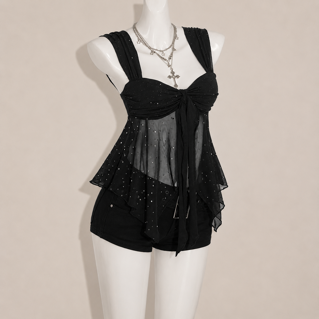 Asymmetrical Semi Sheer Mesh Sleeveless Camisole Top For Women