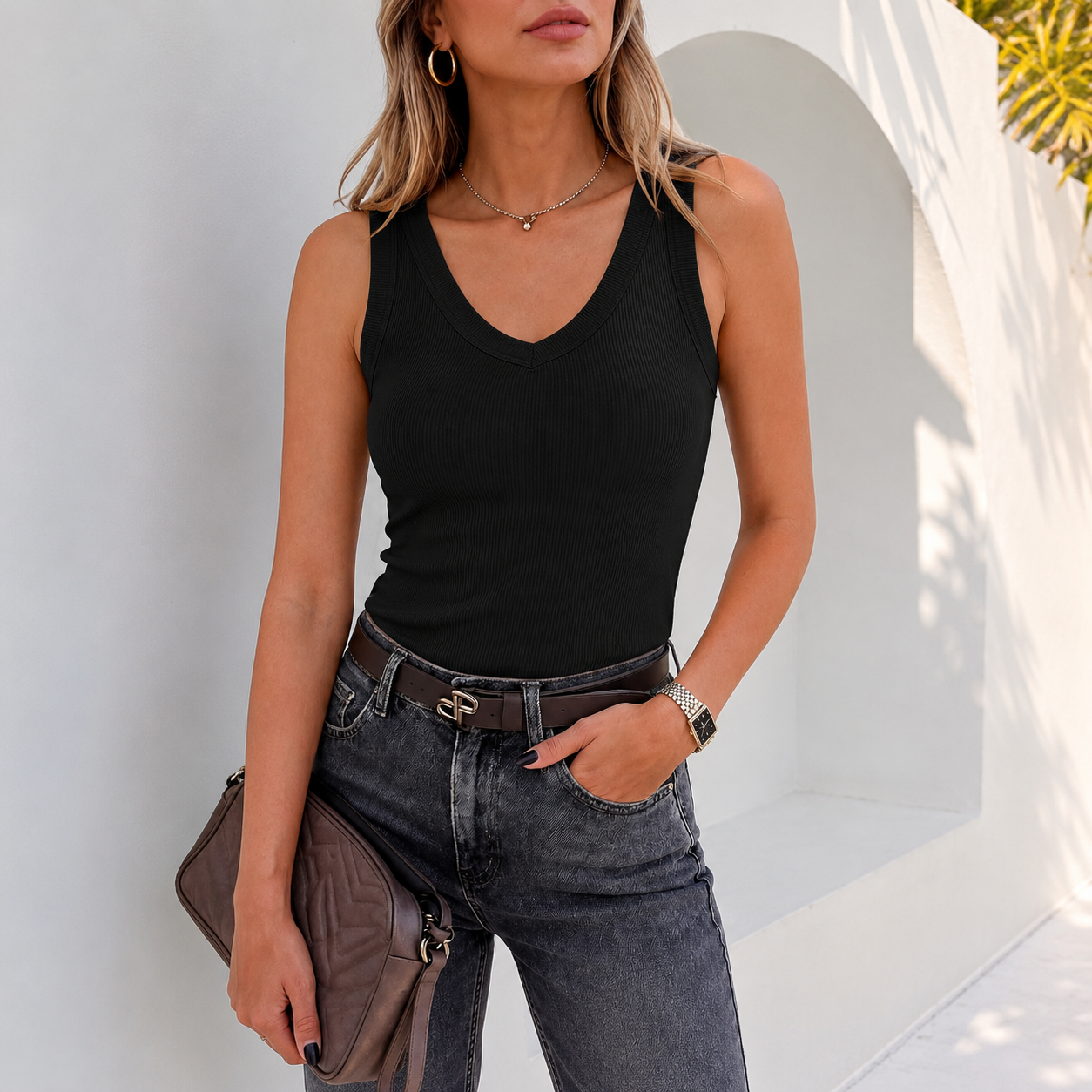 Casual Ribbed Knit Slim Fitted Sleeveless Tank Top for Women