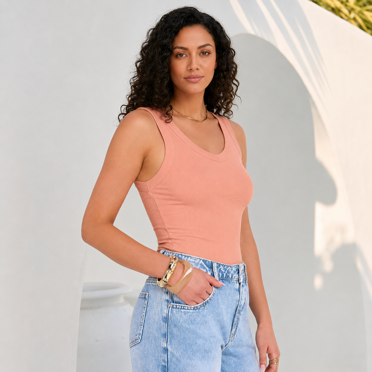 Casual Ribbed Knit Slim Fitted Sleeveless Tank Top for Women
