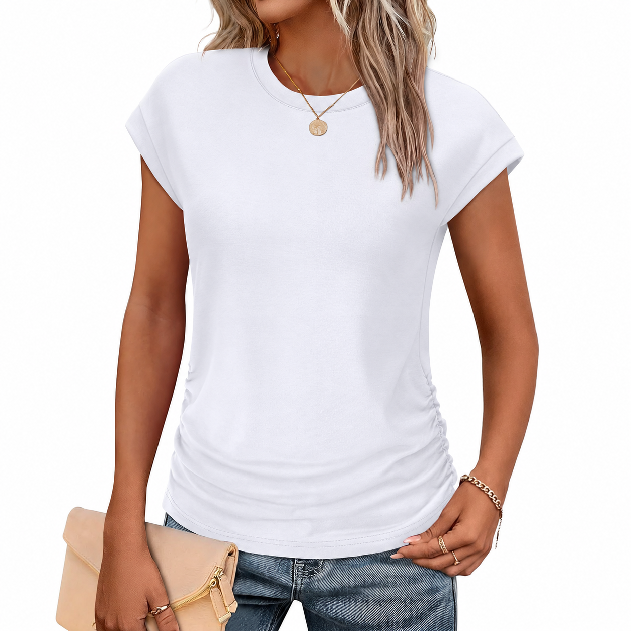 Ruched Cap Short Sleeve Crew TShirt For Women