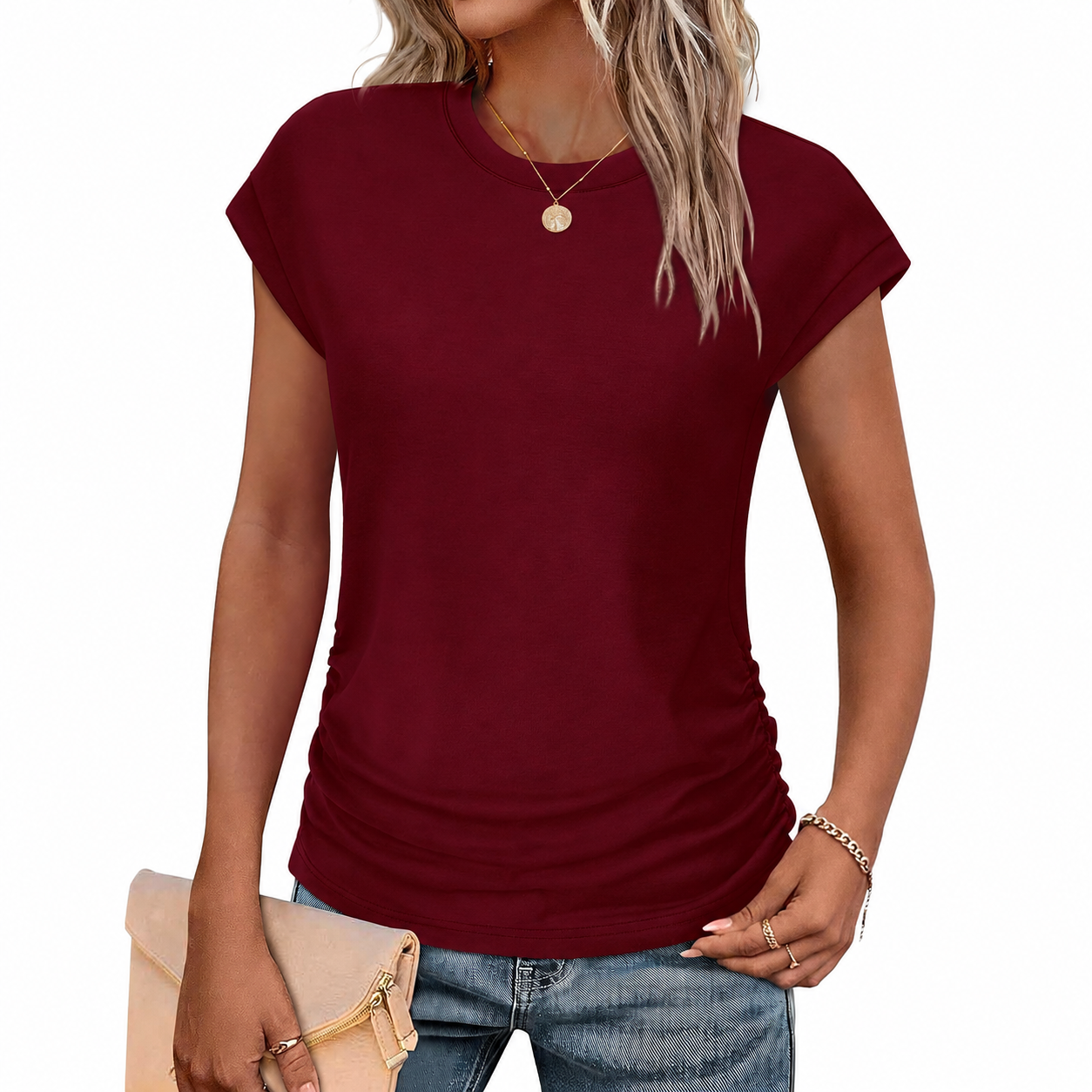 Ruched Cap Short Sleeve Crew TShirt For Women