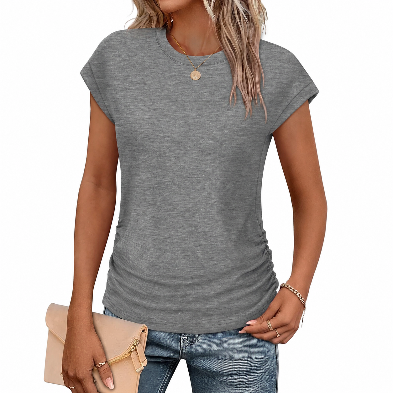 Ruched Cap Short Sleeve Crew TShirt For Women