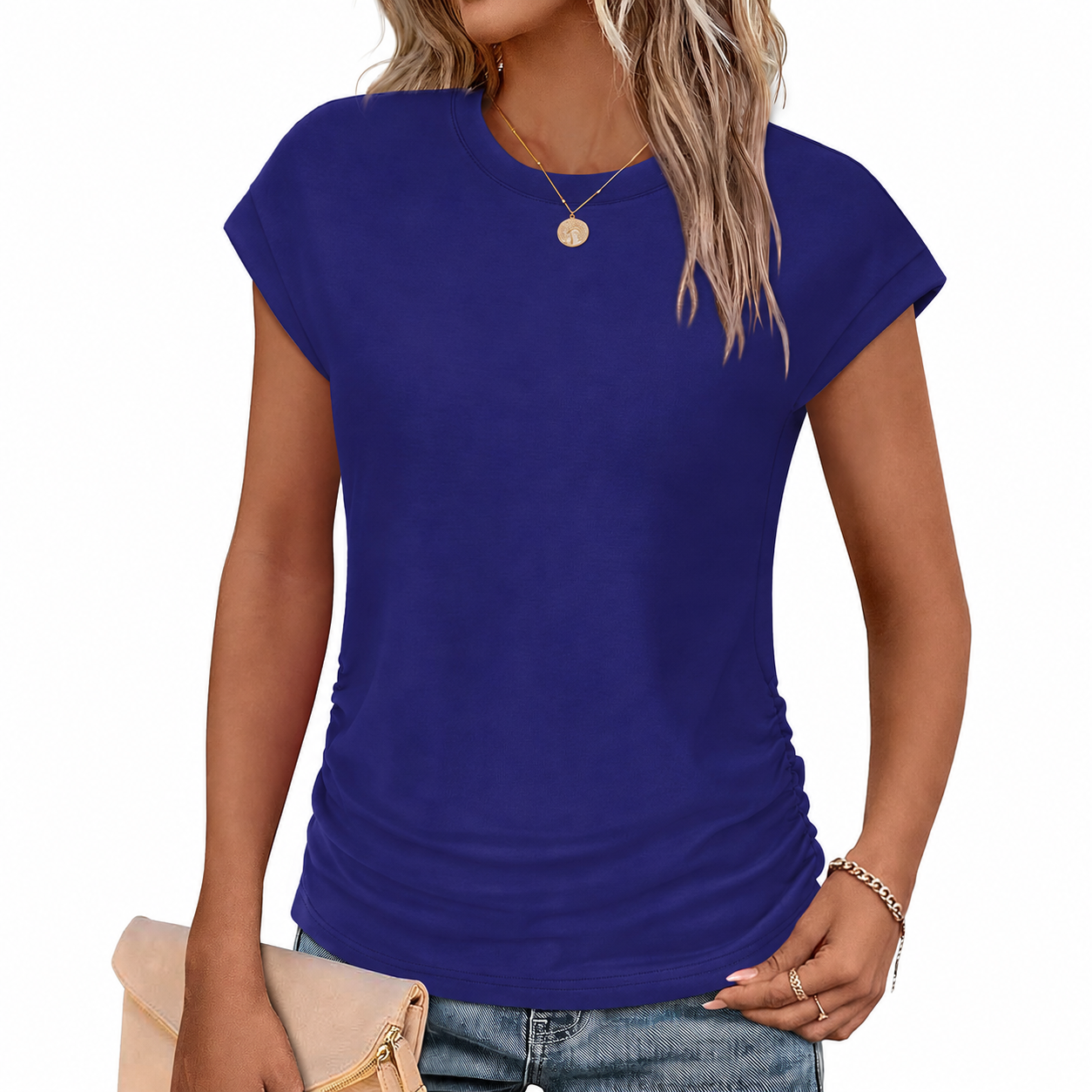 Ruched Cap Short Sleeve Crew TShirt For Women