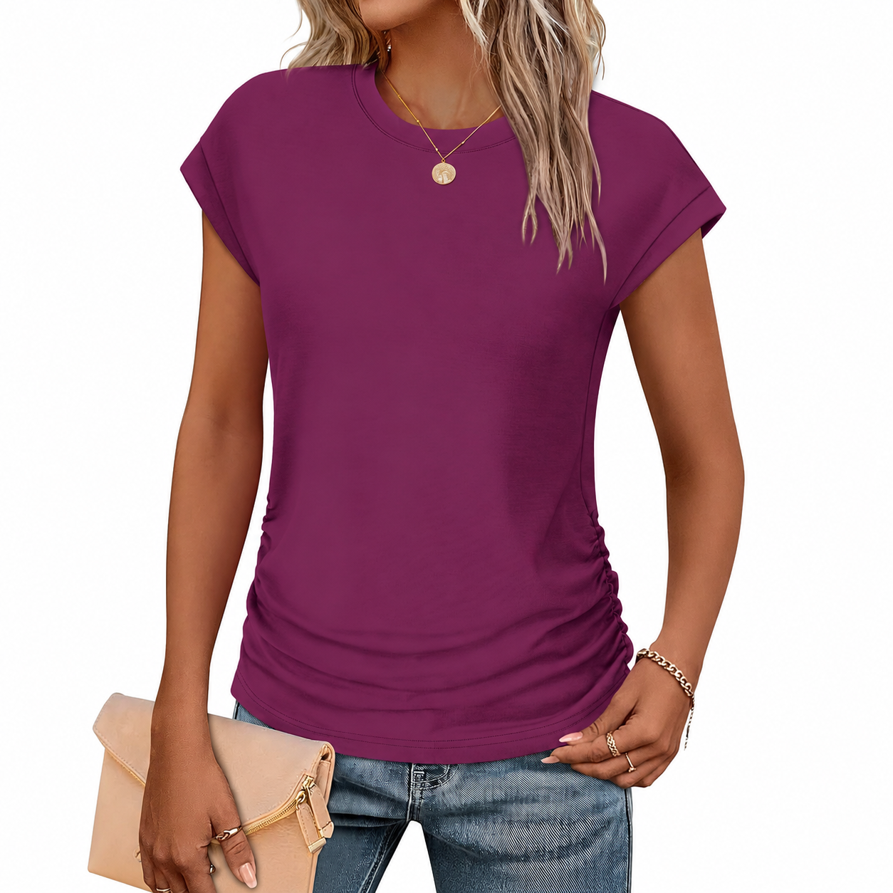 Ruched Cap Short Sleeve Crew TShirt For Women