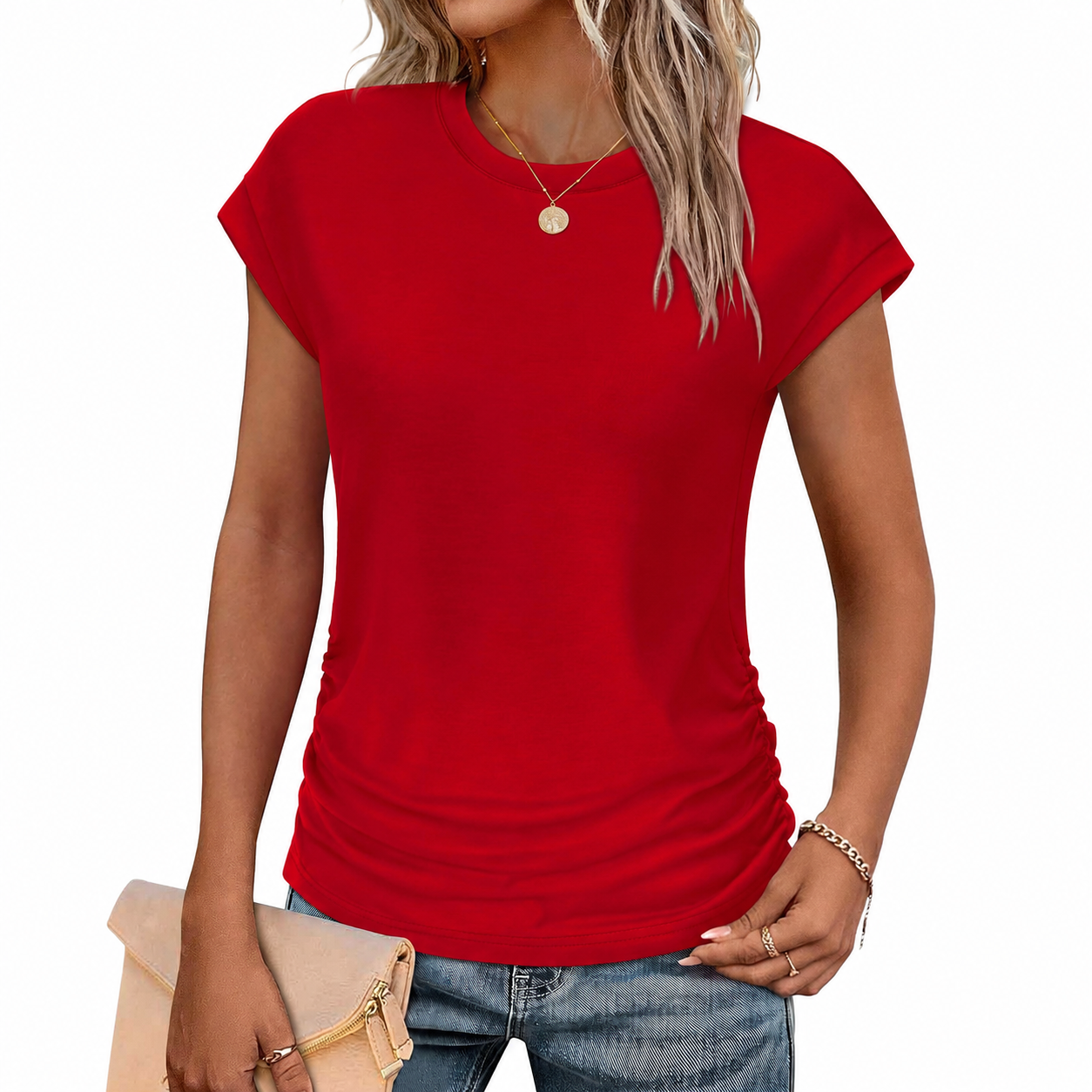 Ruched Cap Short Sleeve Crew TShirt For Women