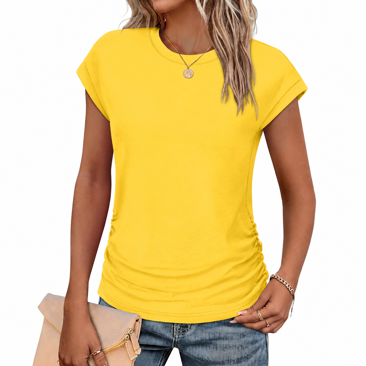Ruched Cap Short Sleeve Crew TShirt For Women