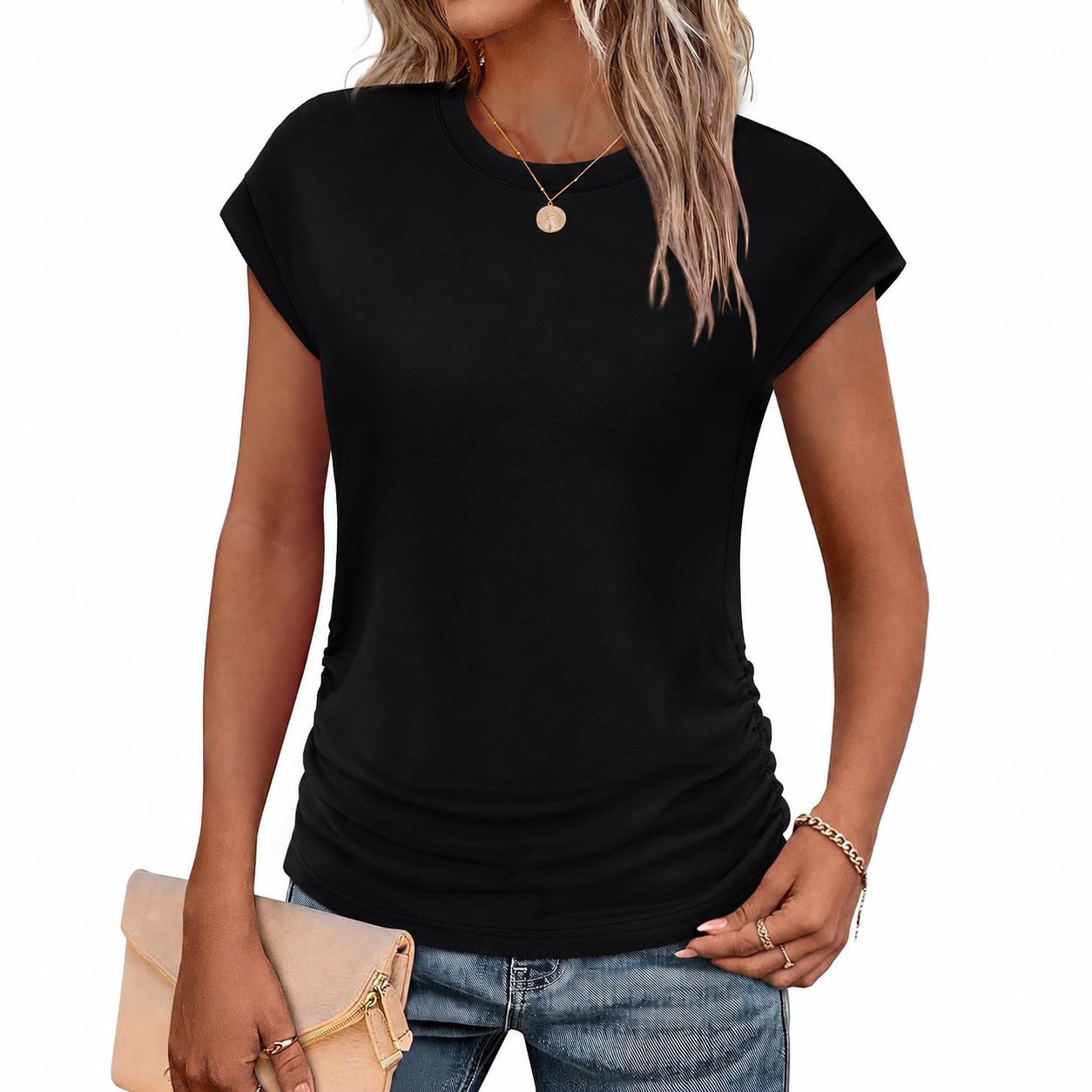 Ruched Cap Short Sleeve Crew TShirt For Women