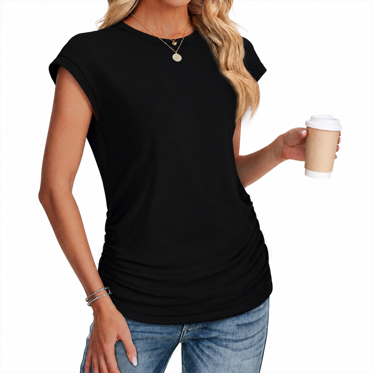 Ruched Cap Short Sleeve Crew TShirt For Women