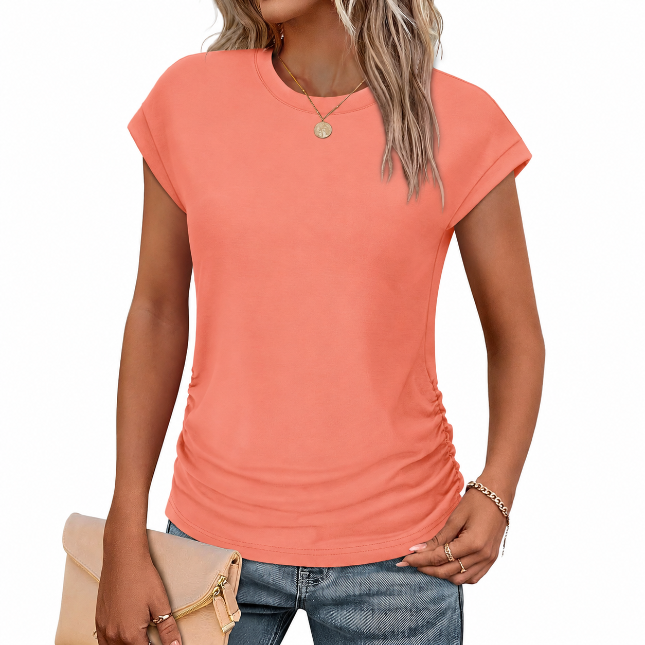 Ruched Cap Short Sleeve Crew TShirt For Women