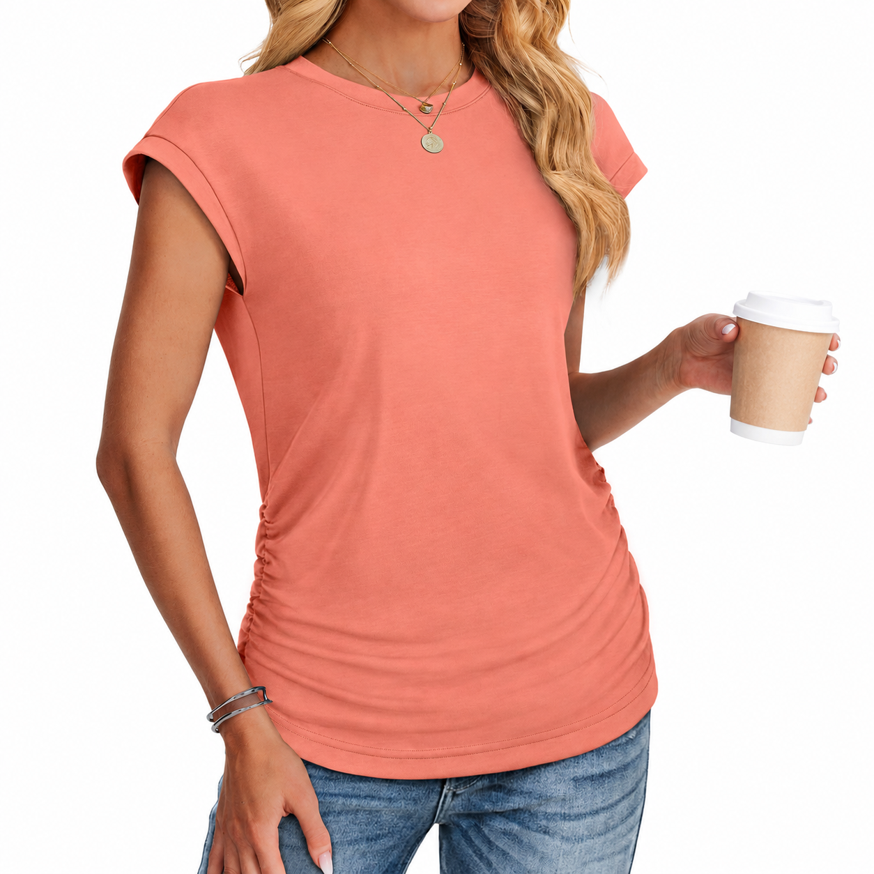 Ruched Cap Short Sleeve Crew TShirt For Women