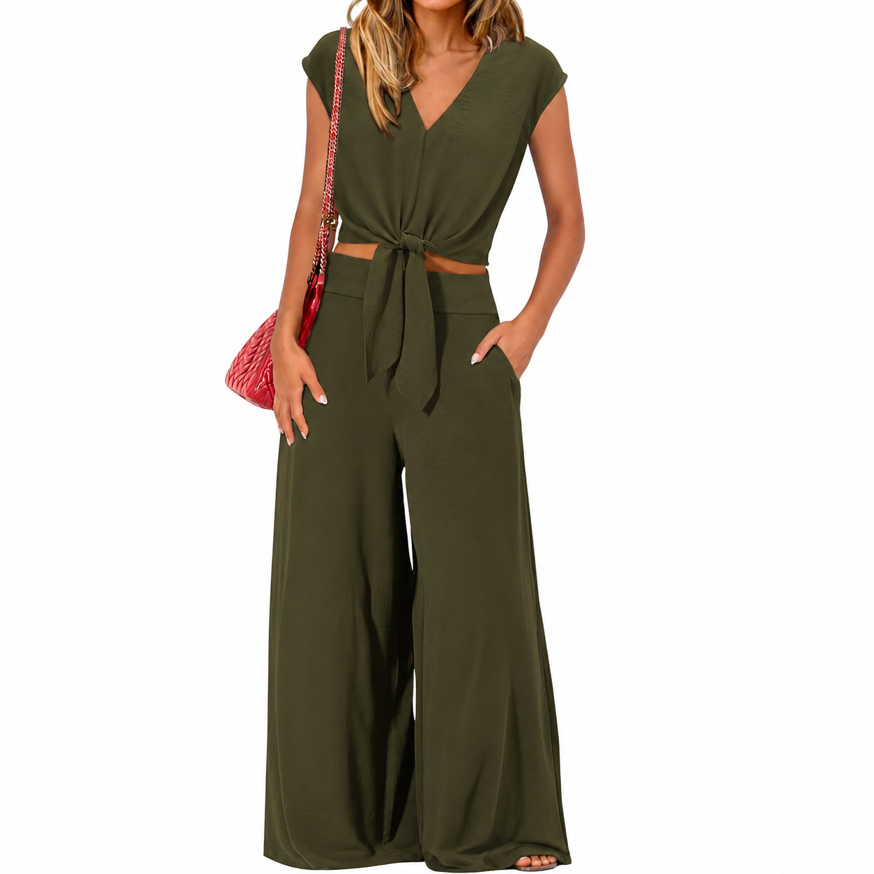 Belted Crop Top Wide Pant Outfit Set