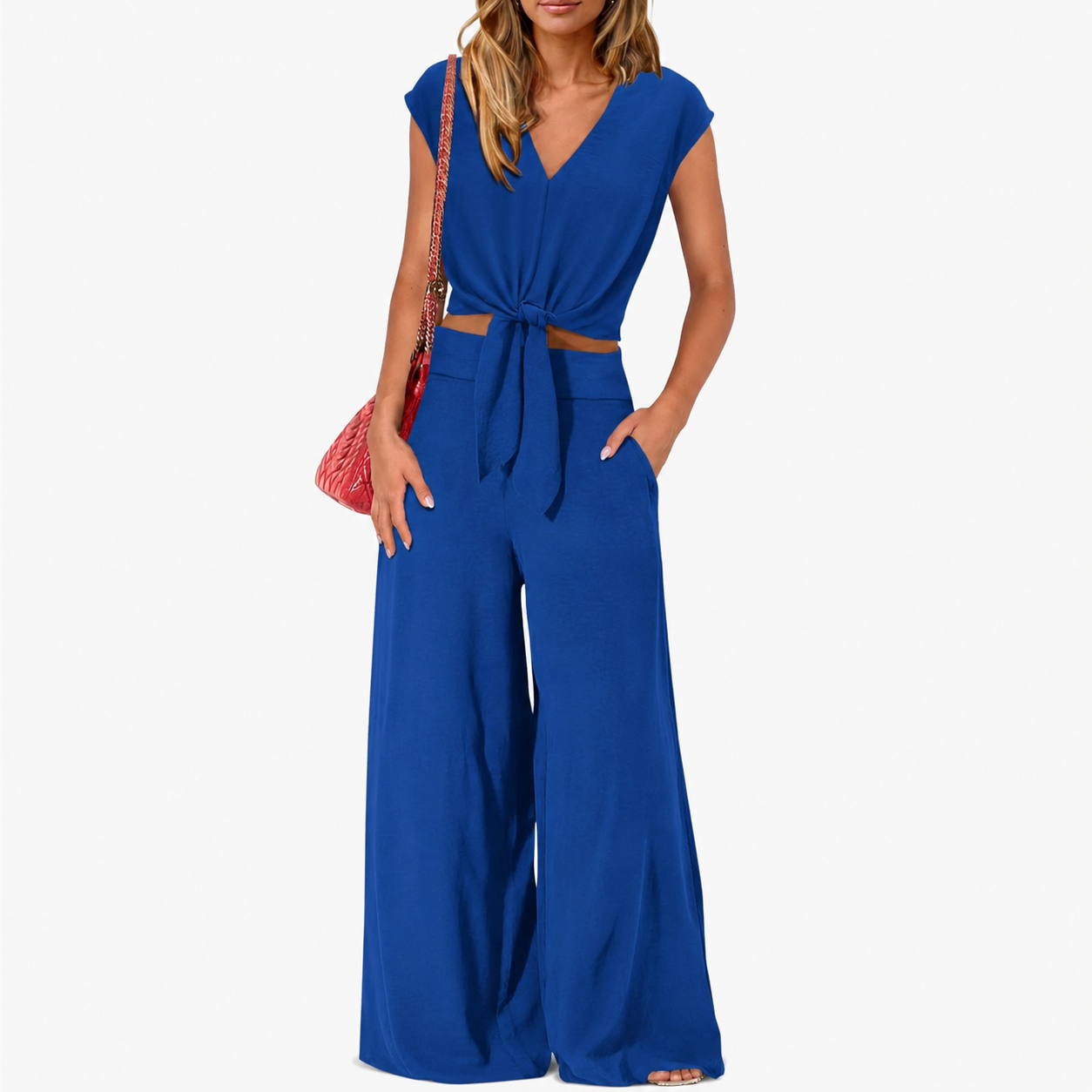 Belted Crop Top Wide Pant Outfit Set