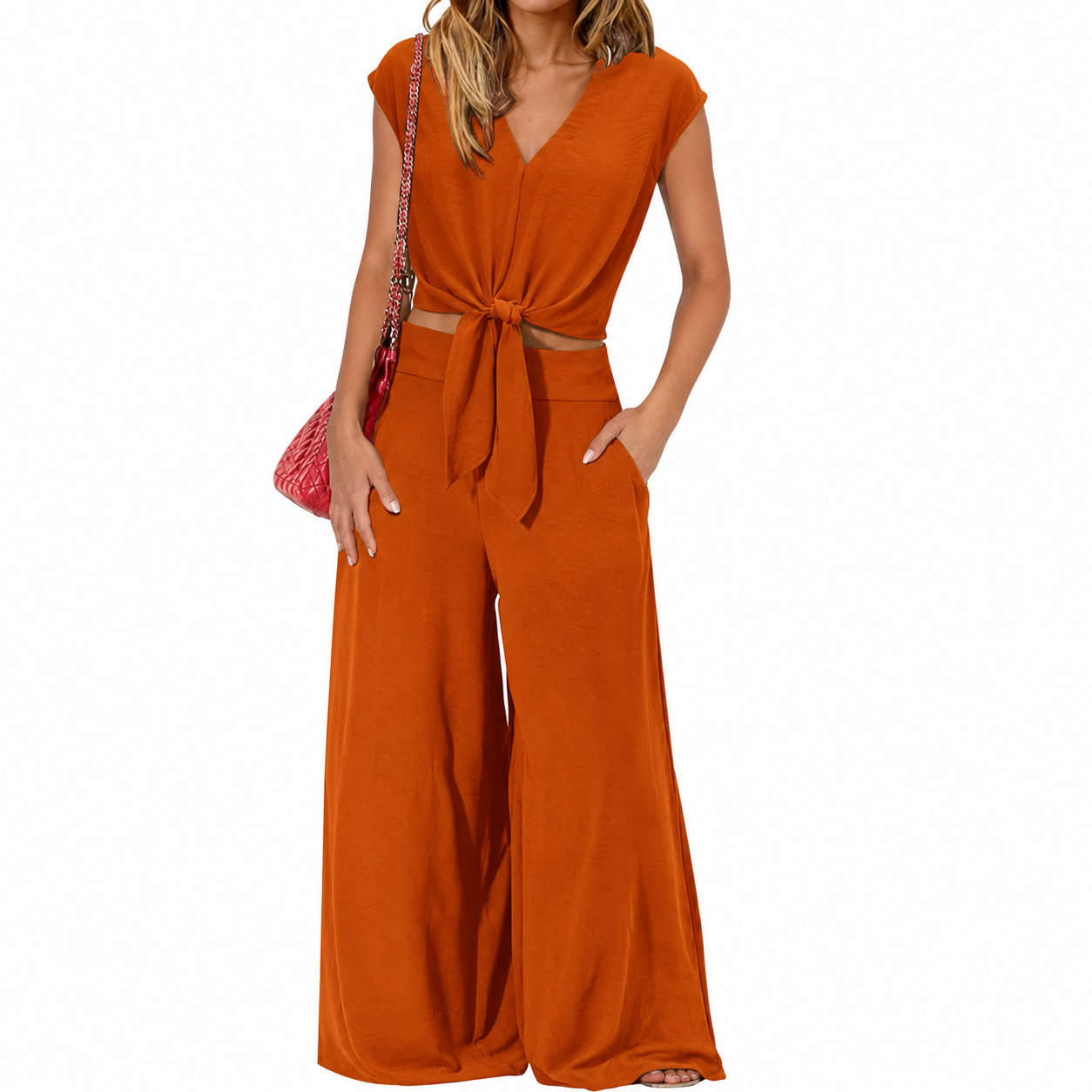 Belted Crop Top Wide Pant Outfit Set