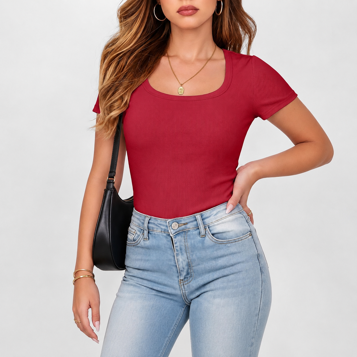 Casual Ribbed Knit Short Sleeve Tee For Women