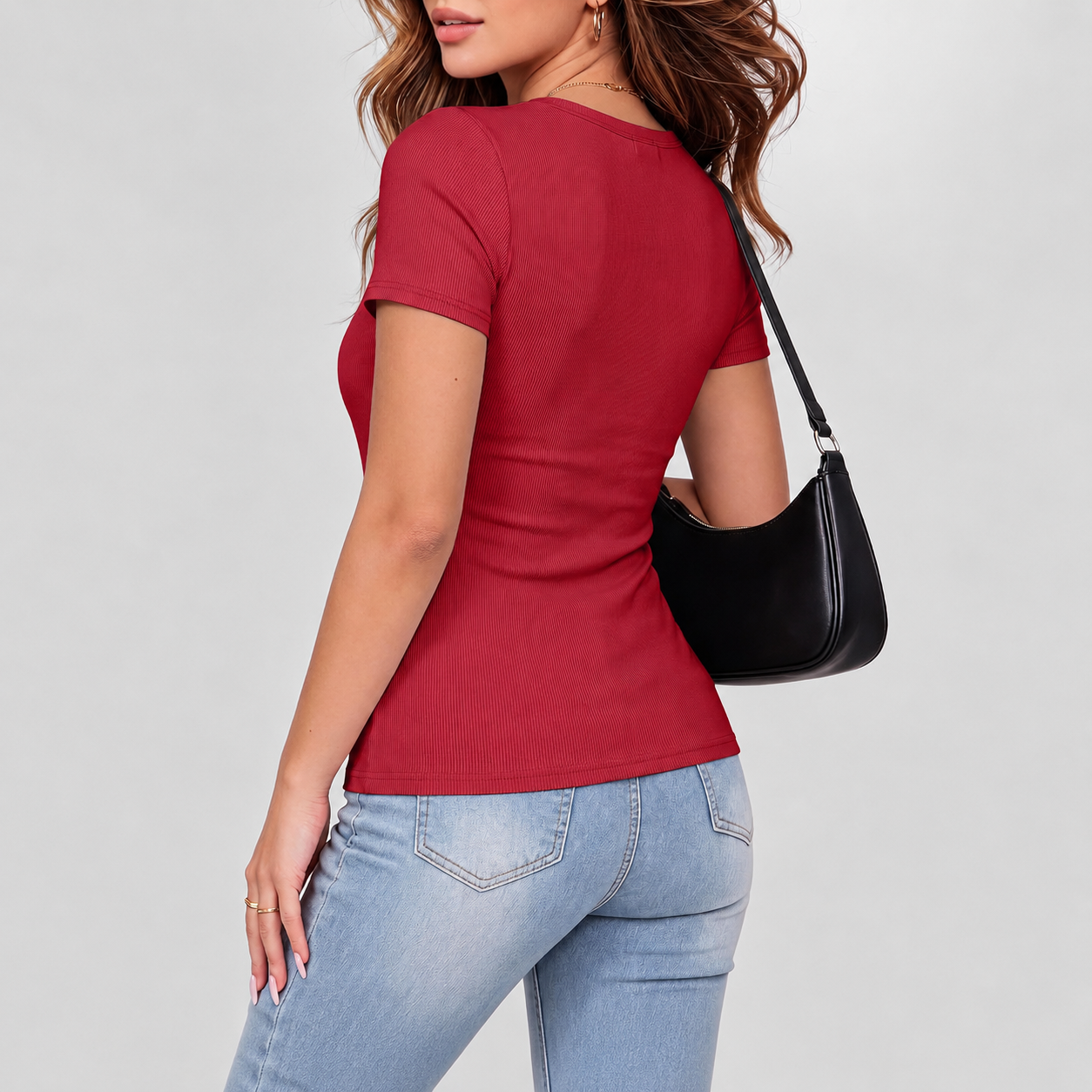 Casual Ribbed Knit Short Sleeve Tee For Women