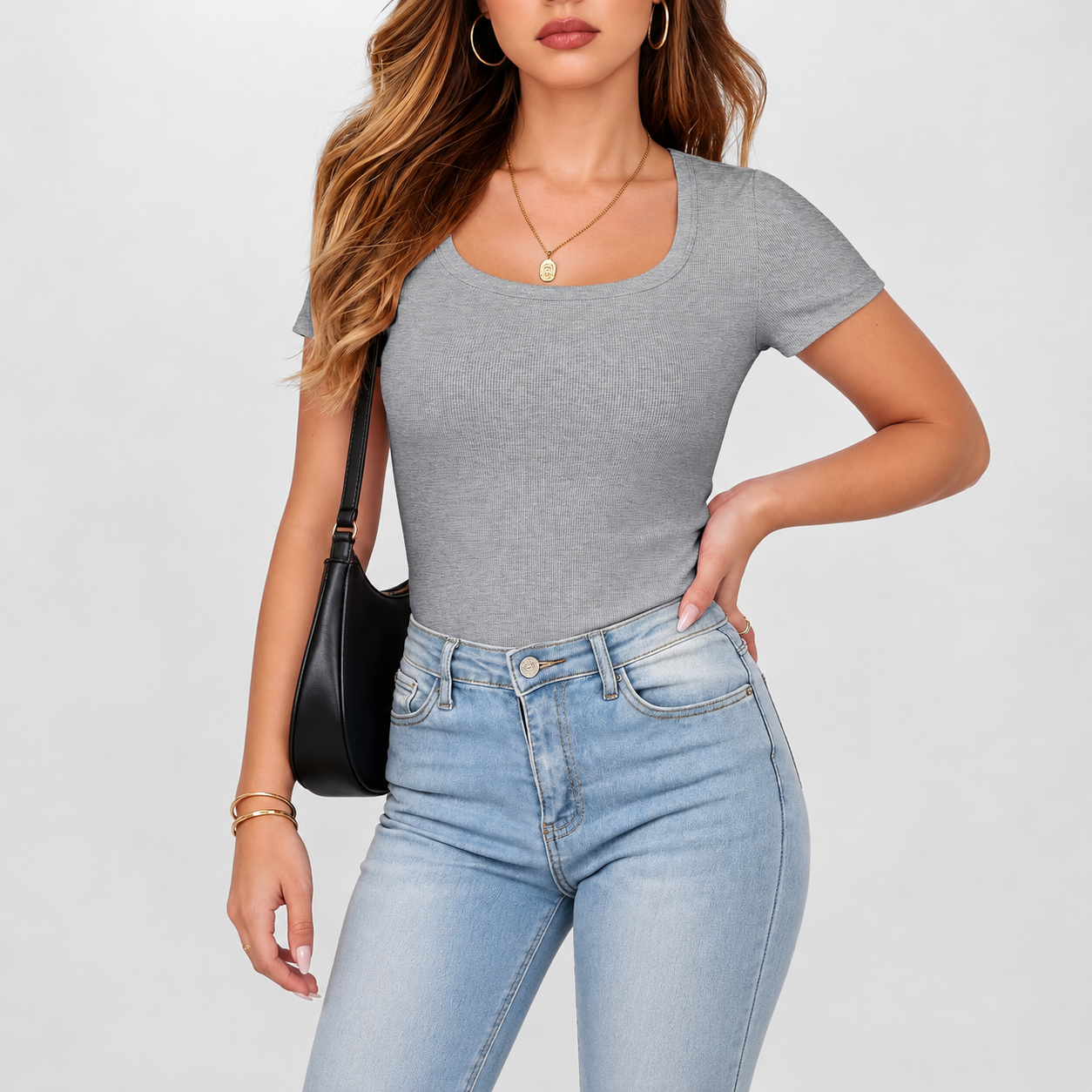 Casual Ribbed Knit Short Sleeve Tee For Women