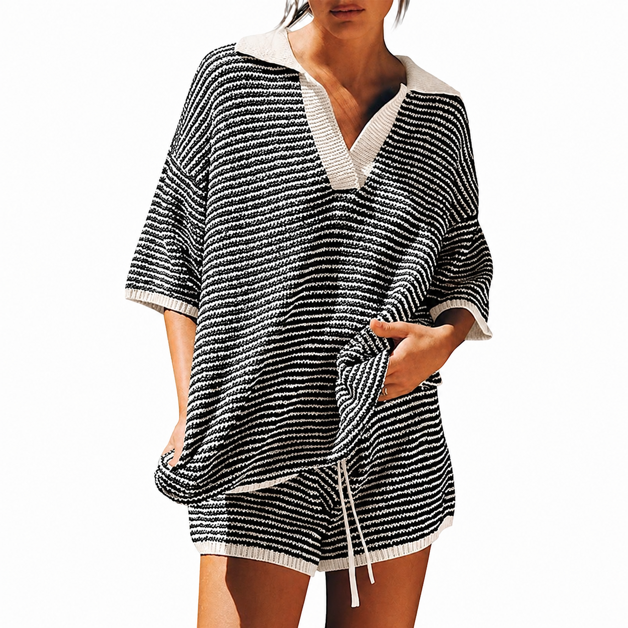 Oversized Knit Lounge Sweater Set With Matching Shorts