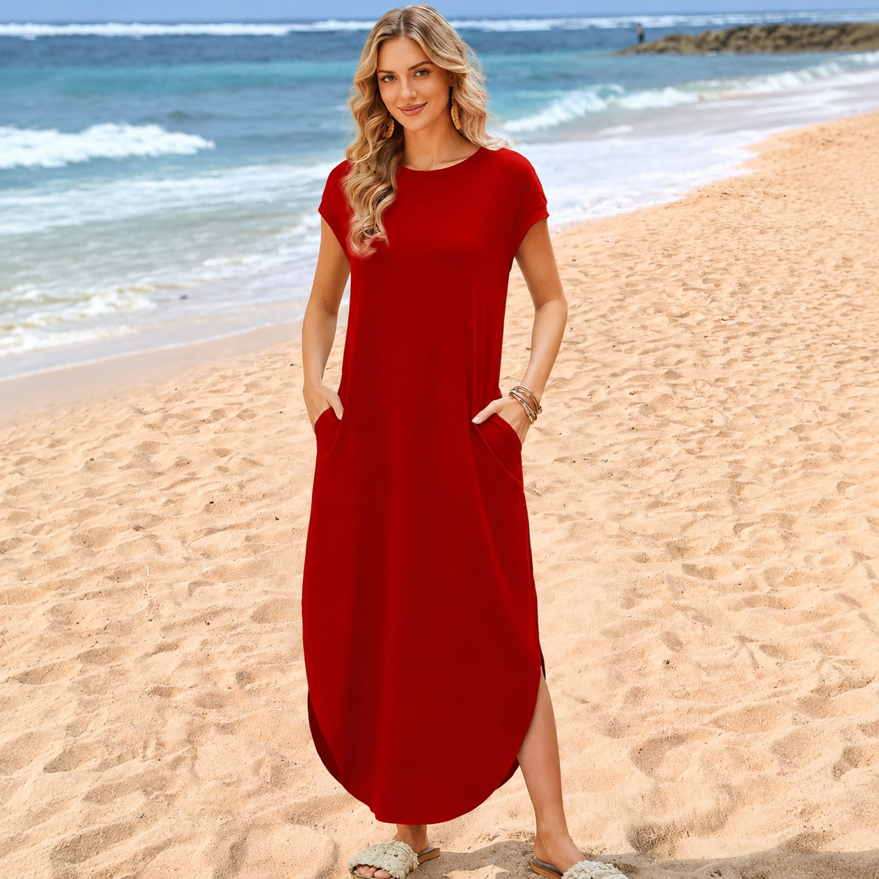 Cap Sleeve Maxi Dress With Pockets For Women