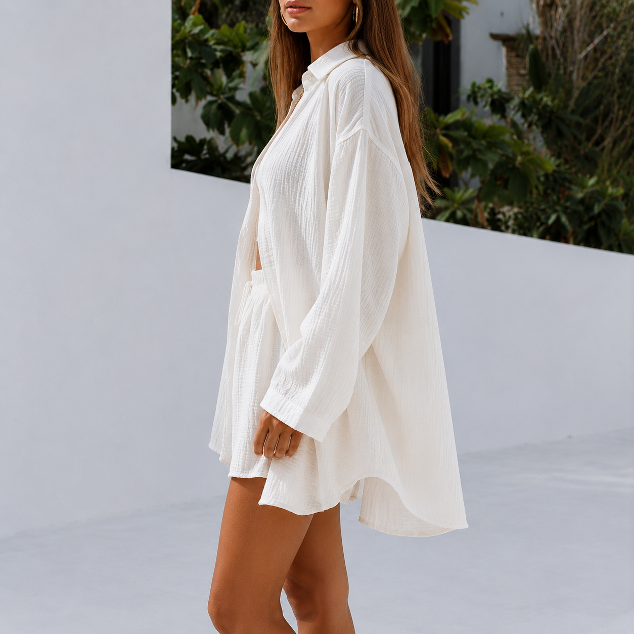Long Sleeve Button Down Shorts Sweatsuit Set