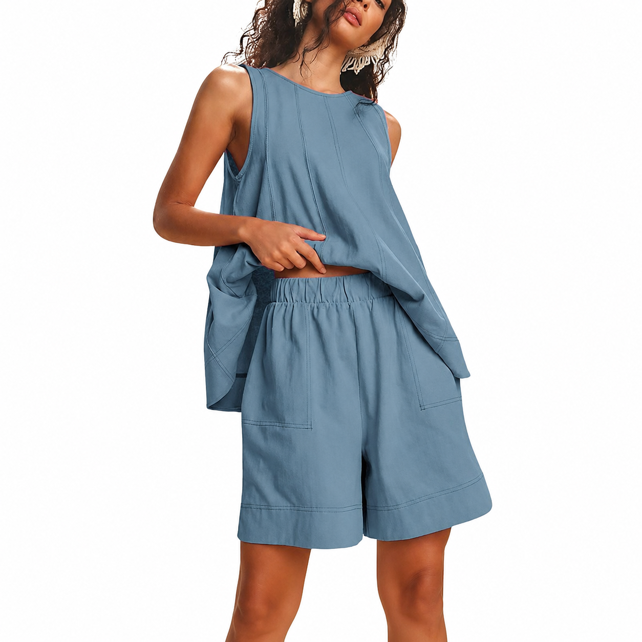 Contrast Stitching Sleeveless Two Piece Matching Tank Shorts Set