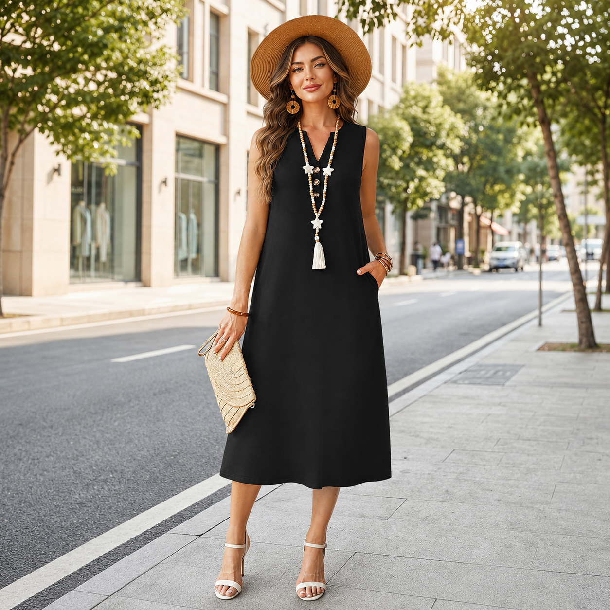 Sleeveless Button Front Midi Dress With Pockets