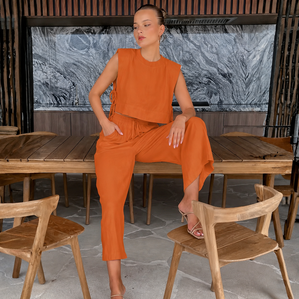 Sleeveless Crop Top And High Rise Pants Matching 2 Piece Set For Women