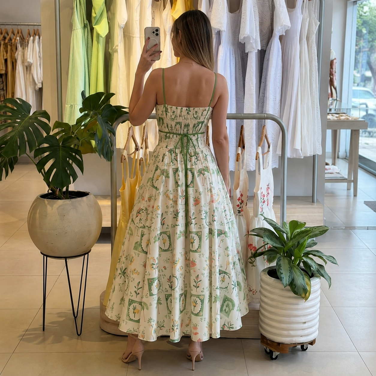 Sleeveless Halter Design A Line Printed Summer Dress For Women