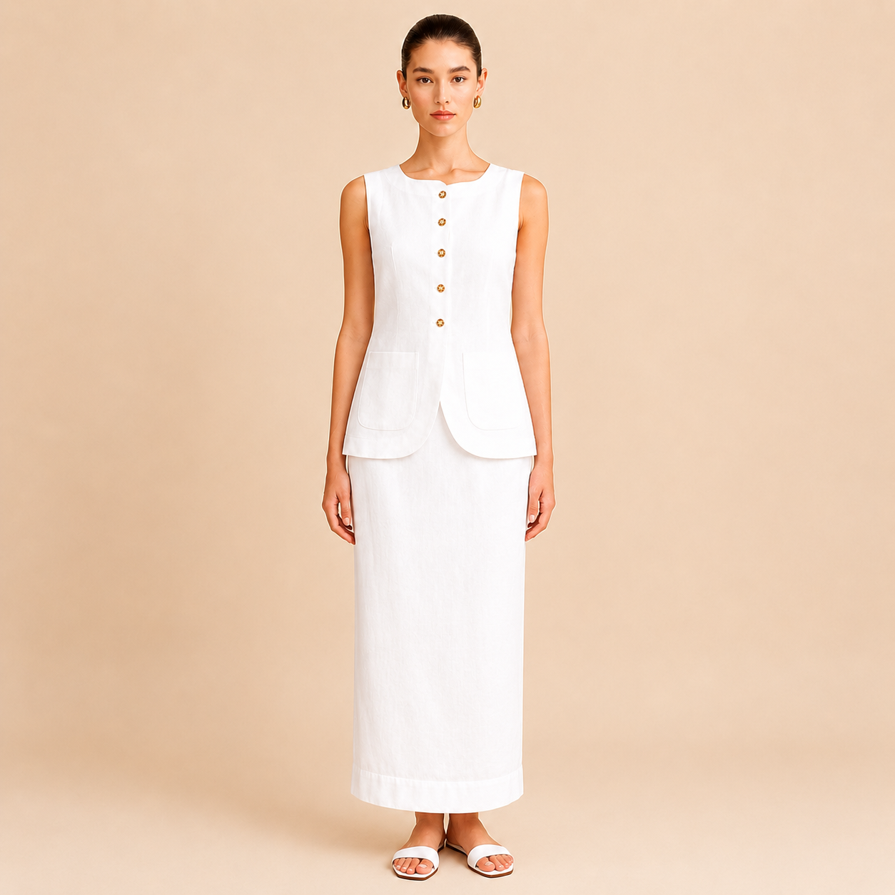 Sleeveless Button Front Vest With Long Skirt Two Piece Outfit Set For Women