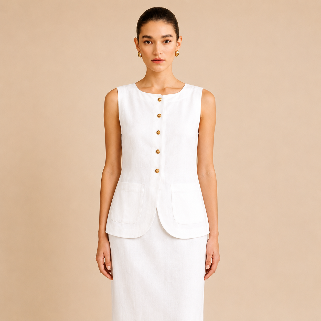 Sleeveless Button Front Vest With Long Skirt Two Piece Outfit Set For Women
