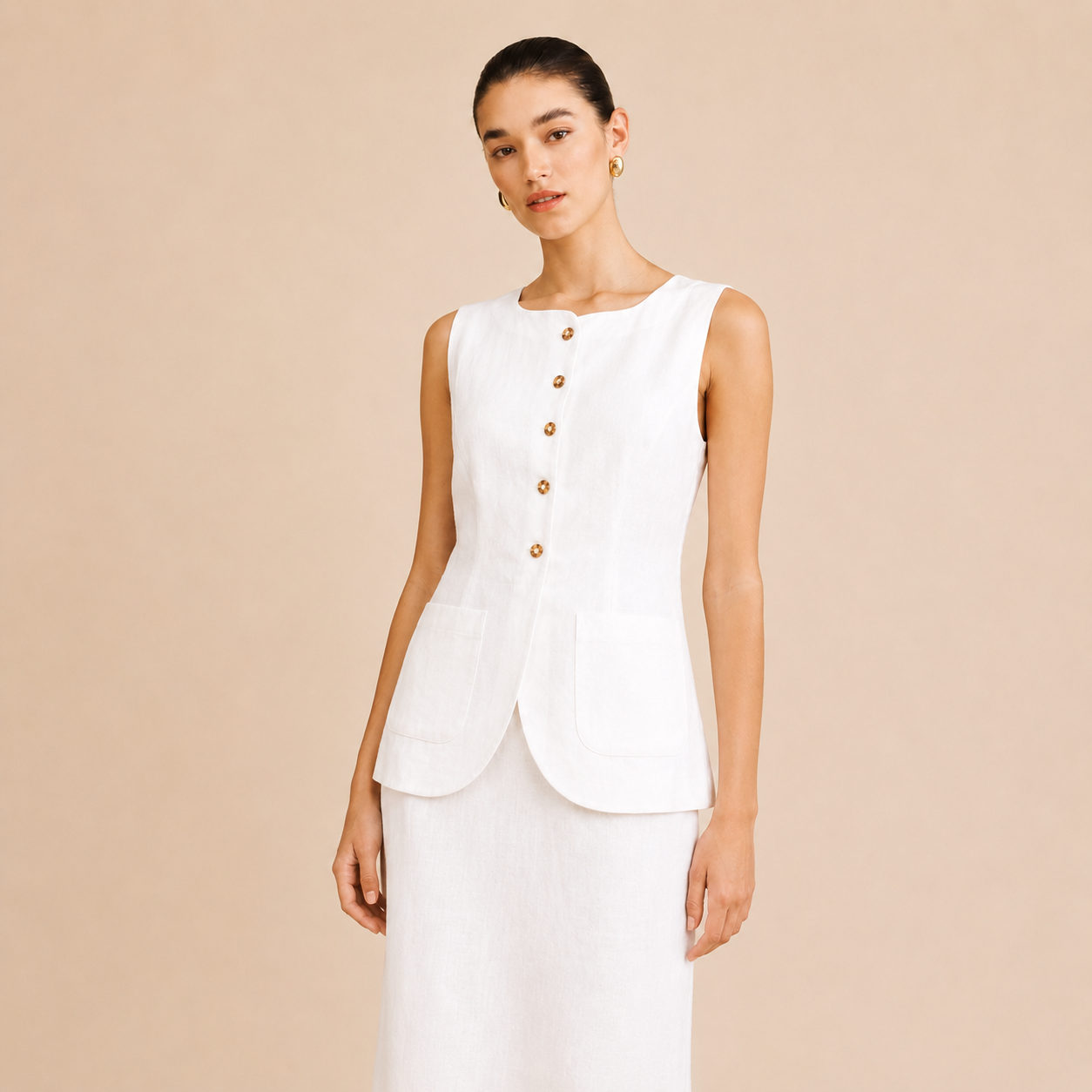 Sleeveless Button Front Vest With Long Skirt Two Piece Outfit Set For Women