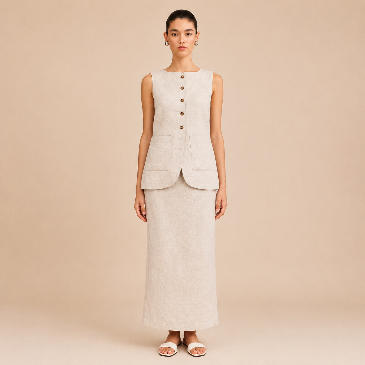 Sleeveless Button Front Vest With Long Skirt Two Piece Outfit Set For Women