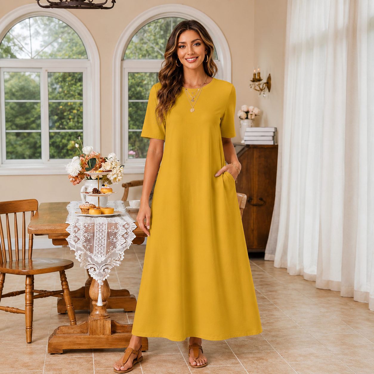 Women Summer Vacation Maxi T Shirt Dress With Pockets