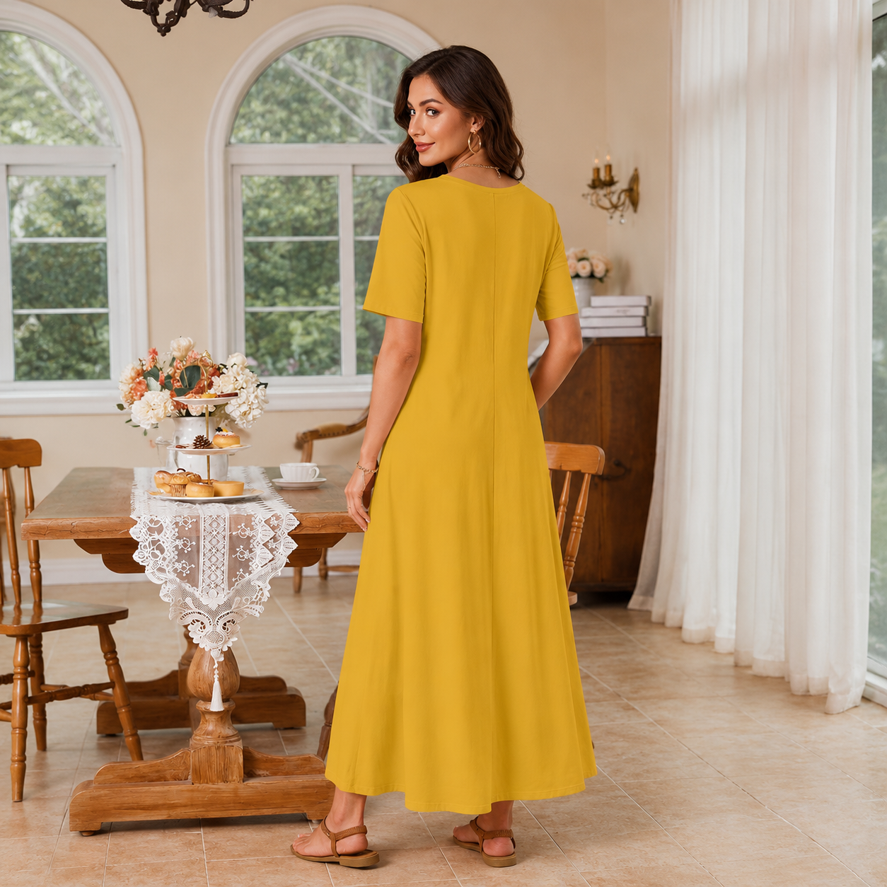 Women Summer Vacation Maxi T Shirt Dress With Pockets