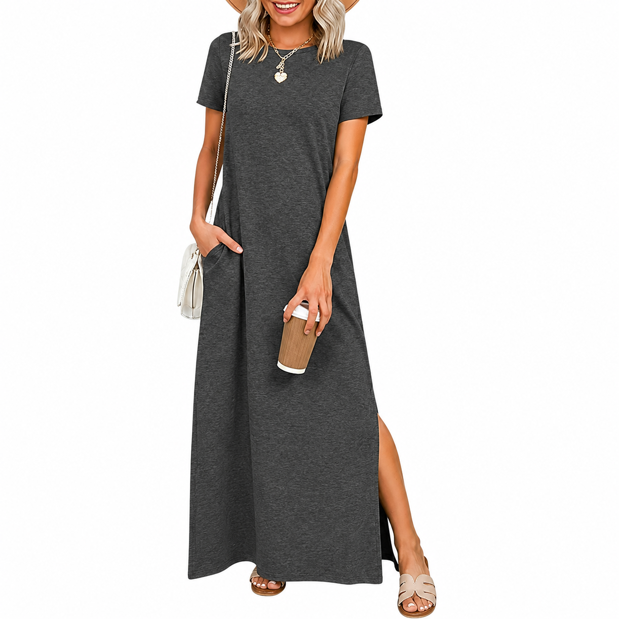 Short Sleeve Casual Maxi Dress With Split Design For Women