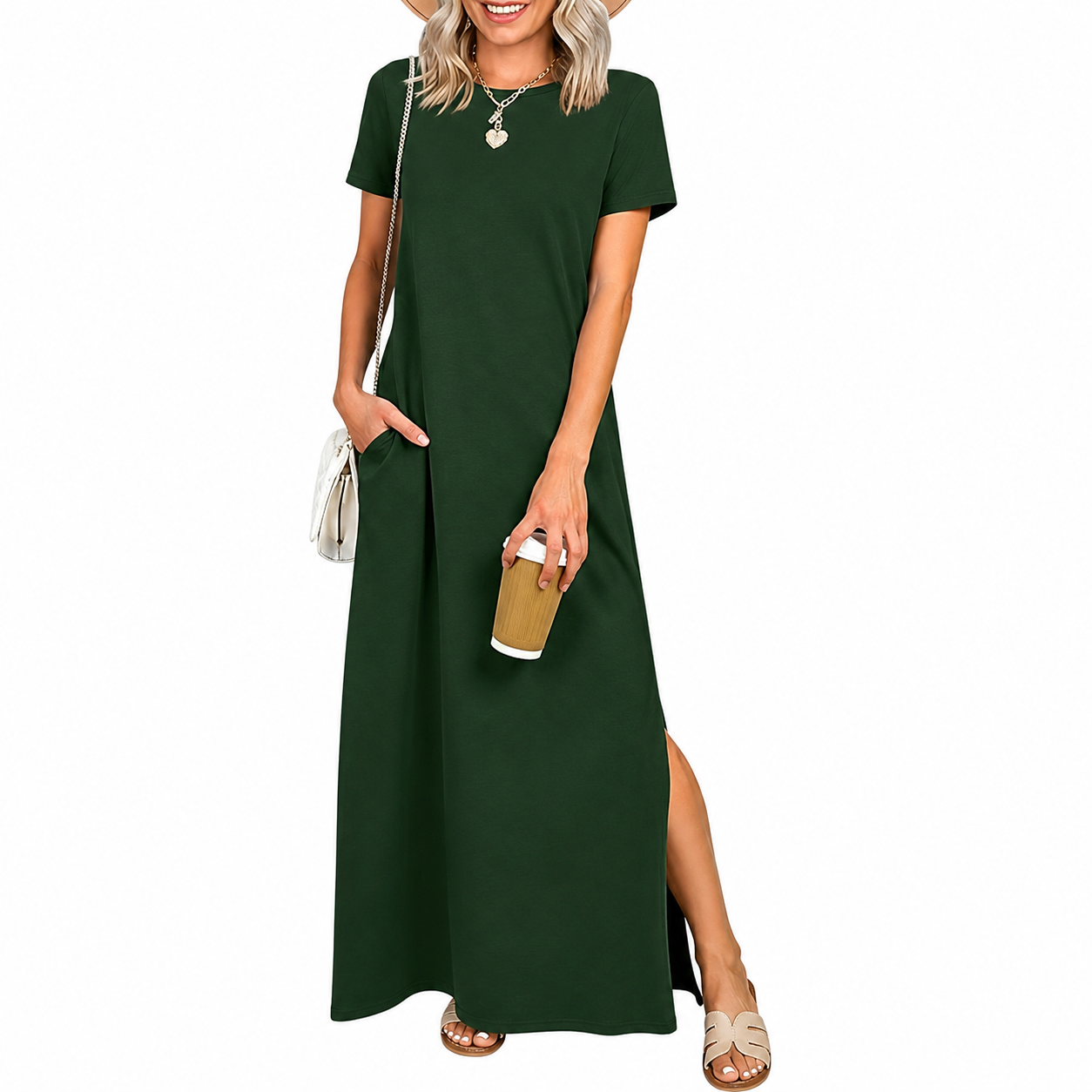 Short Sleeve Casual Maxi Dress With Split Design For Women