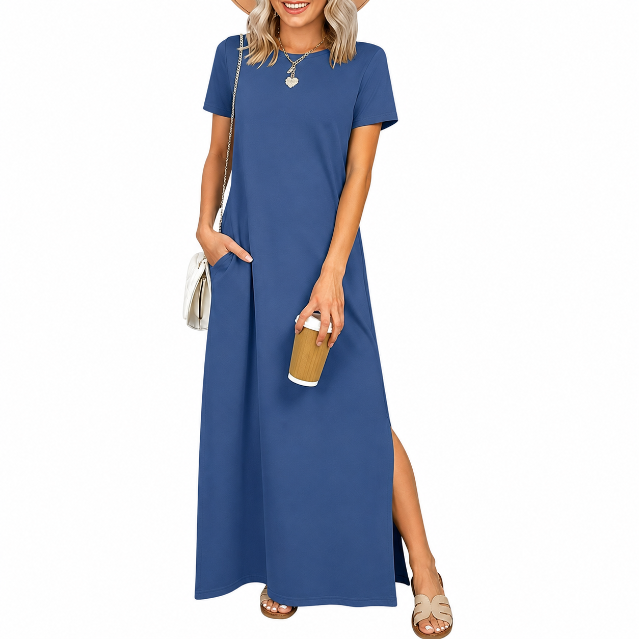 Short Sleeve Casual Maxi Dress With Split Design For Women