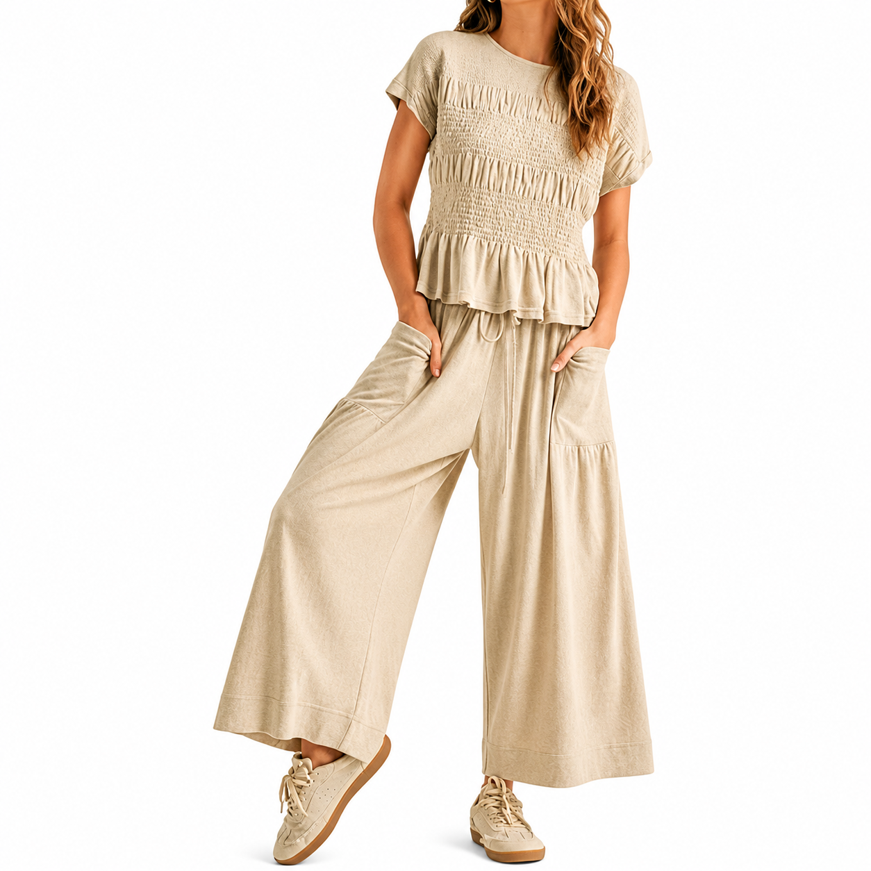 Boho Smocked Top Wide Trousers Set