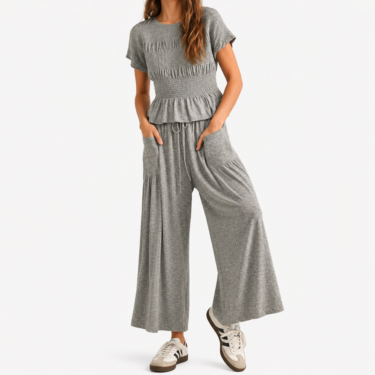 Boho Smocked Top Wide Trousers Set