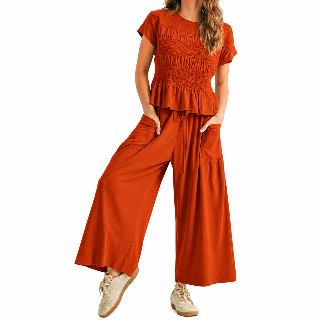 Boho Smocked Top Wide Trousers Set