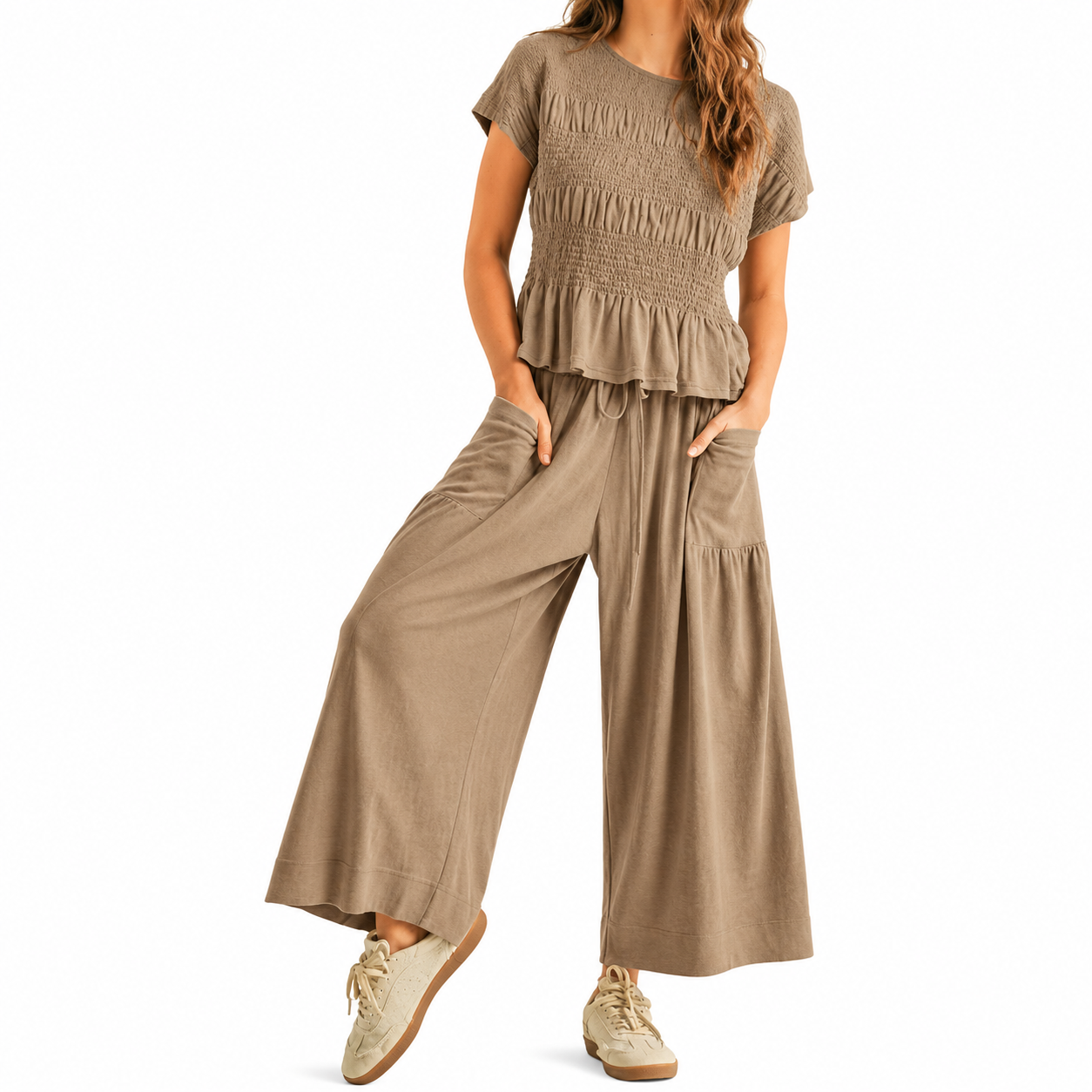 Boho Smocked Top Wide Trousers Set