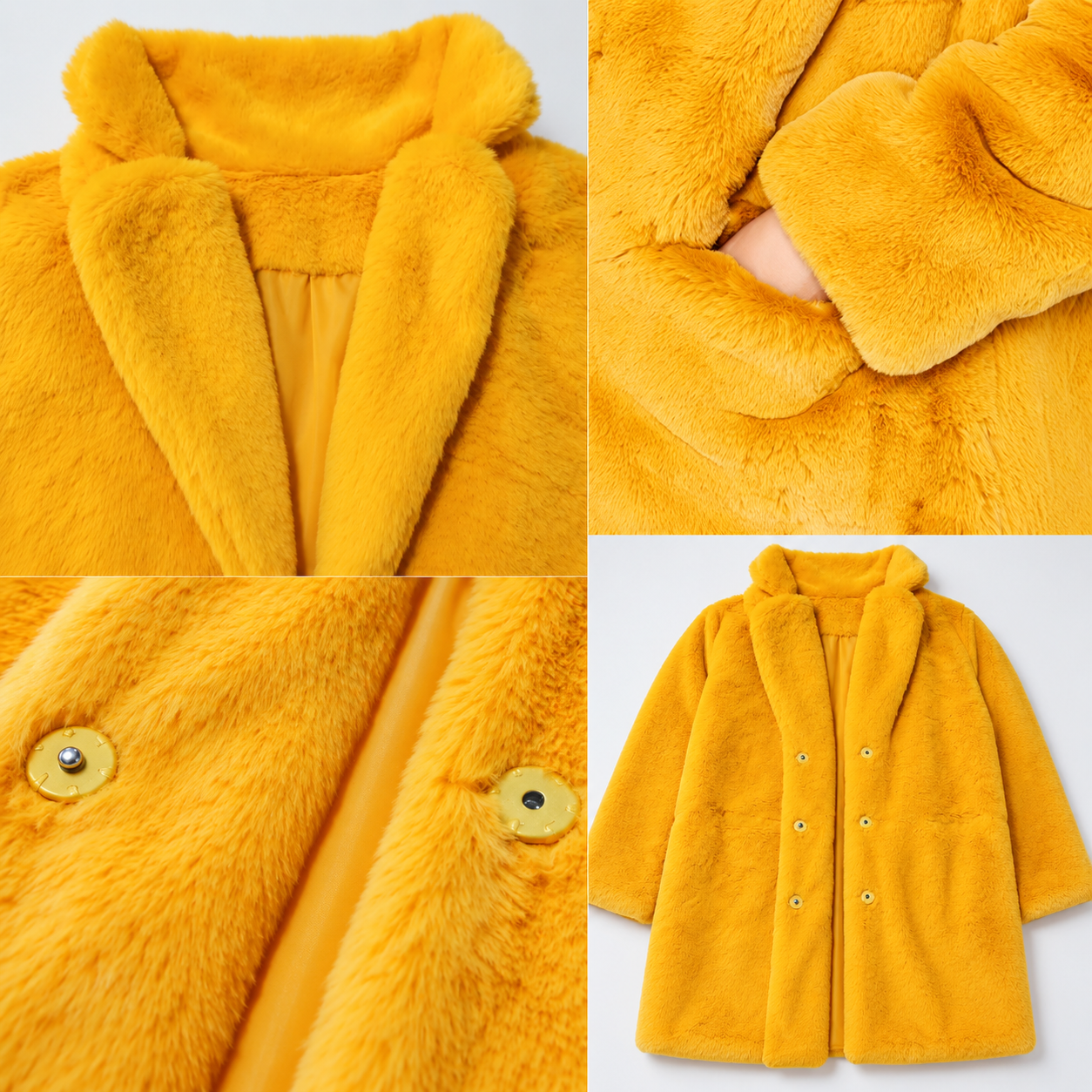 Warm Faux Fur Lapel Button Coat with Inner Lining for Women