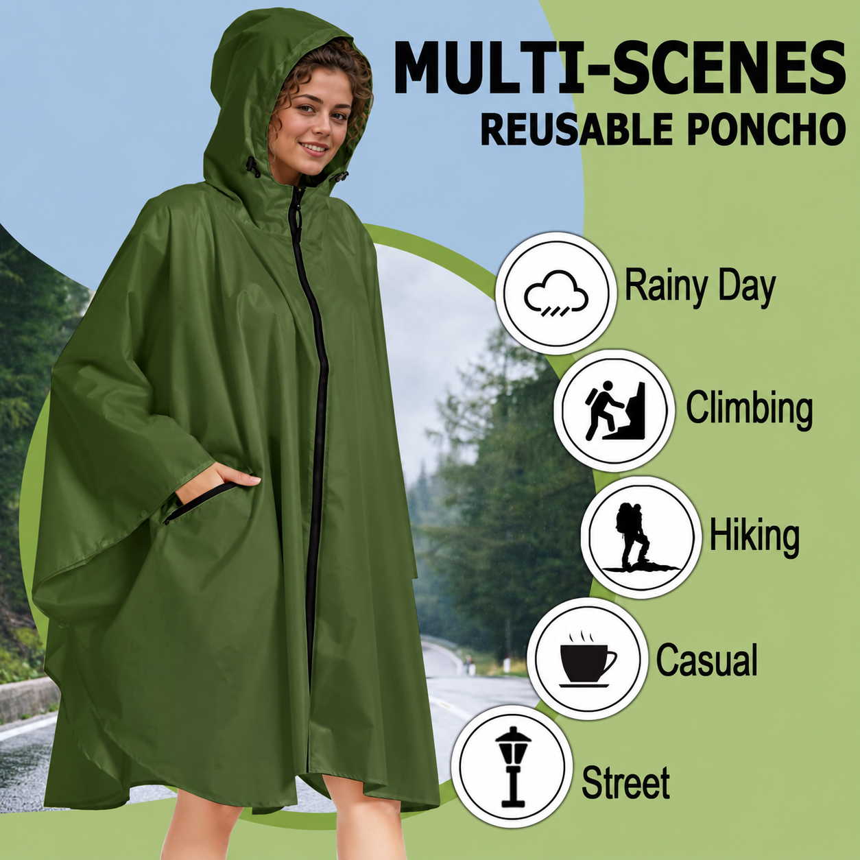 Waterproof Hooded Zipper Raincoat with Pockets for Adults
