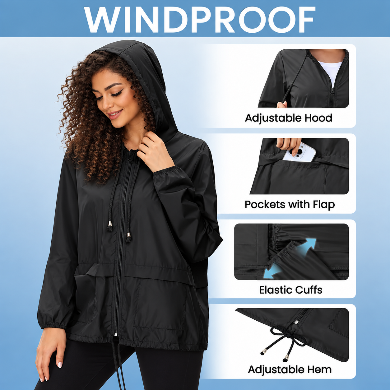 Lightweight Packable Waterproof Hooded Rain Jacket for Women