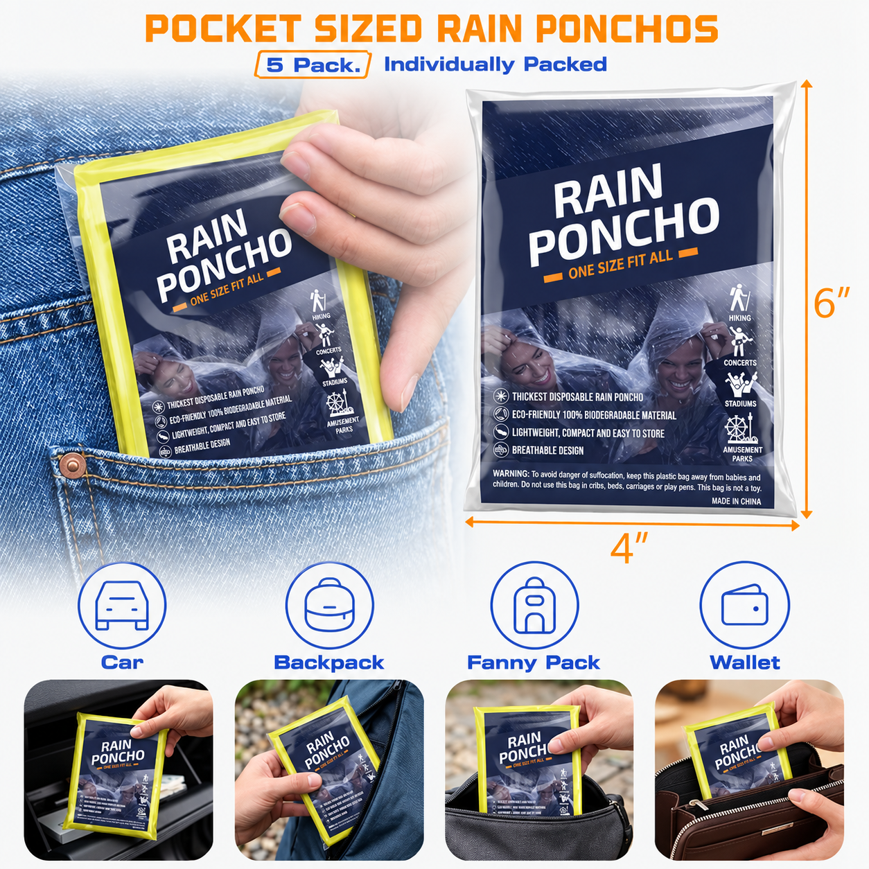 Pack of 5 Disposable Hooded Rain Ponchos for Adults