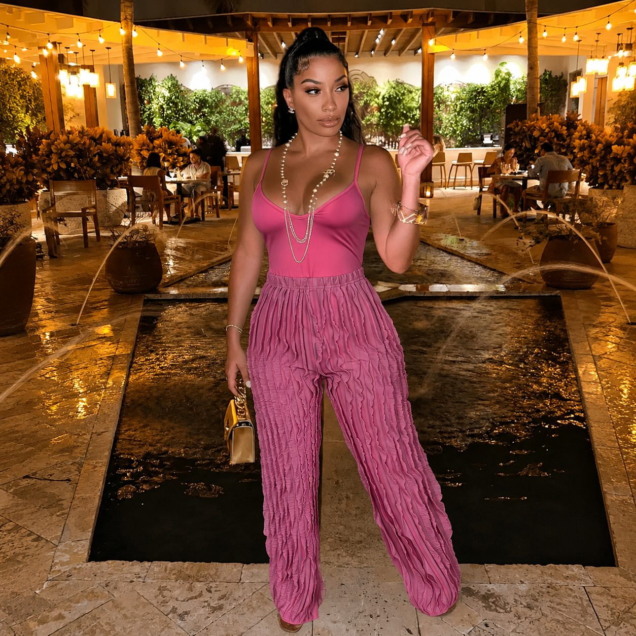 Backless Bodysuit And Frilled Pants Set For Women