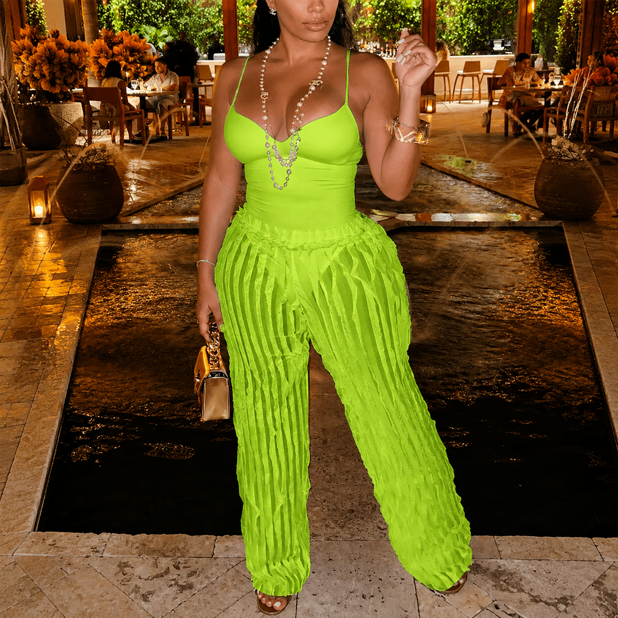 Backless Bodysuit And Frilled Pants Set For Women