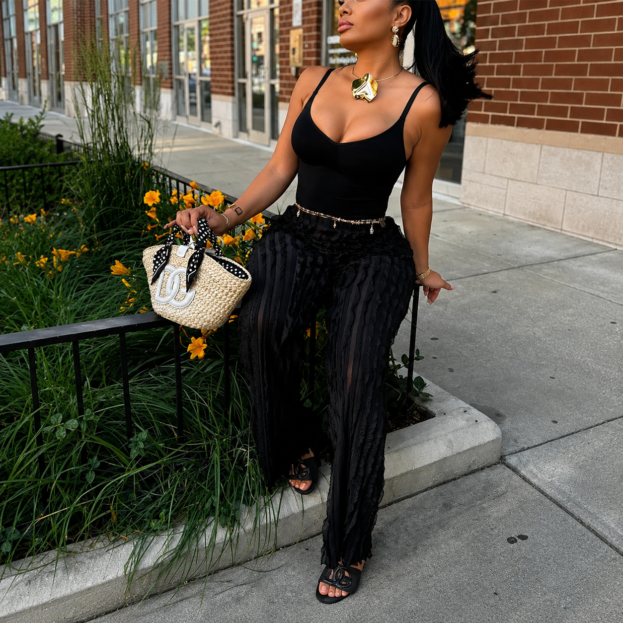 Backless Bodysuit And Frilled Pants Set For Women